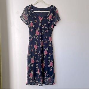 Vintage 90s Believe... Navy Floral Midi Dress 10
